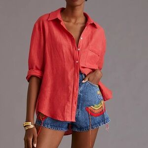 Maeve Anthropologie Red Orange Long sleeves Button up Casual Linen Blend Tops S